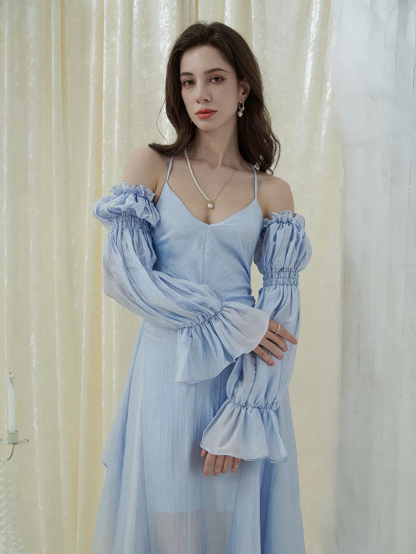 CROWCREW Dark Avant-Garde Vacation Blue Maxi Dress With Sleeves