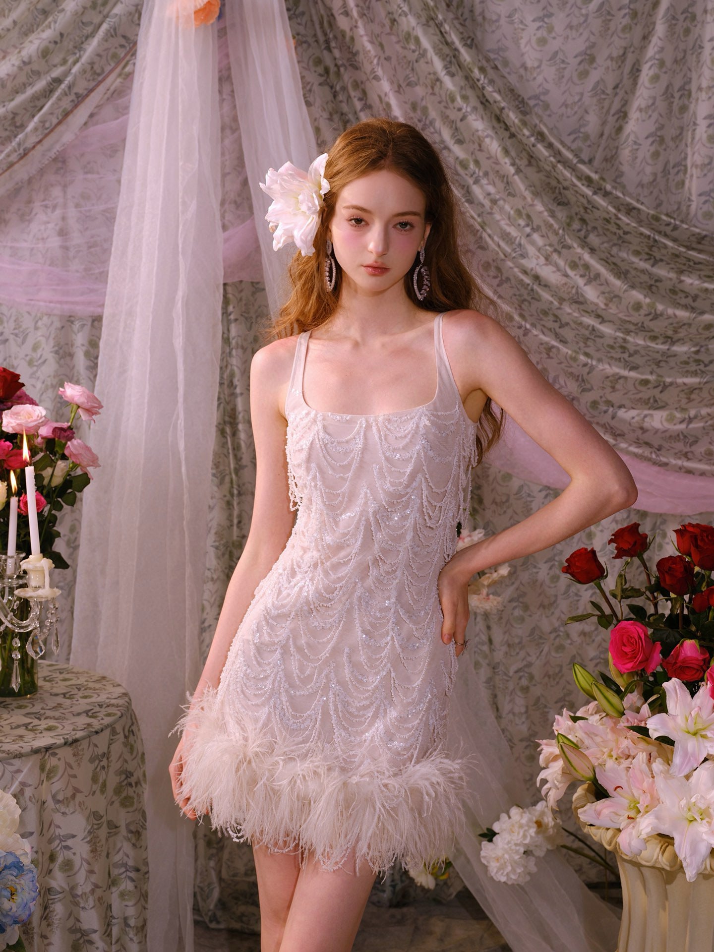 WARDROBE BY CHEN White Feather Party Mini Dress