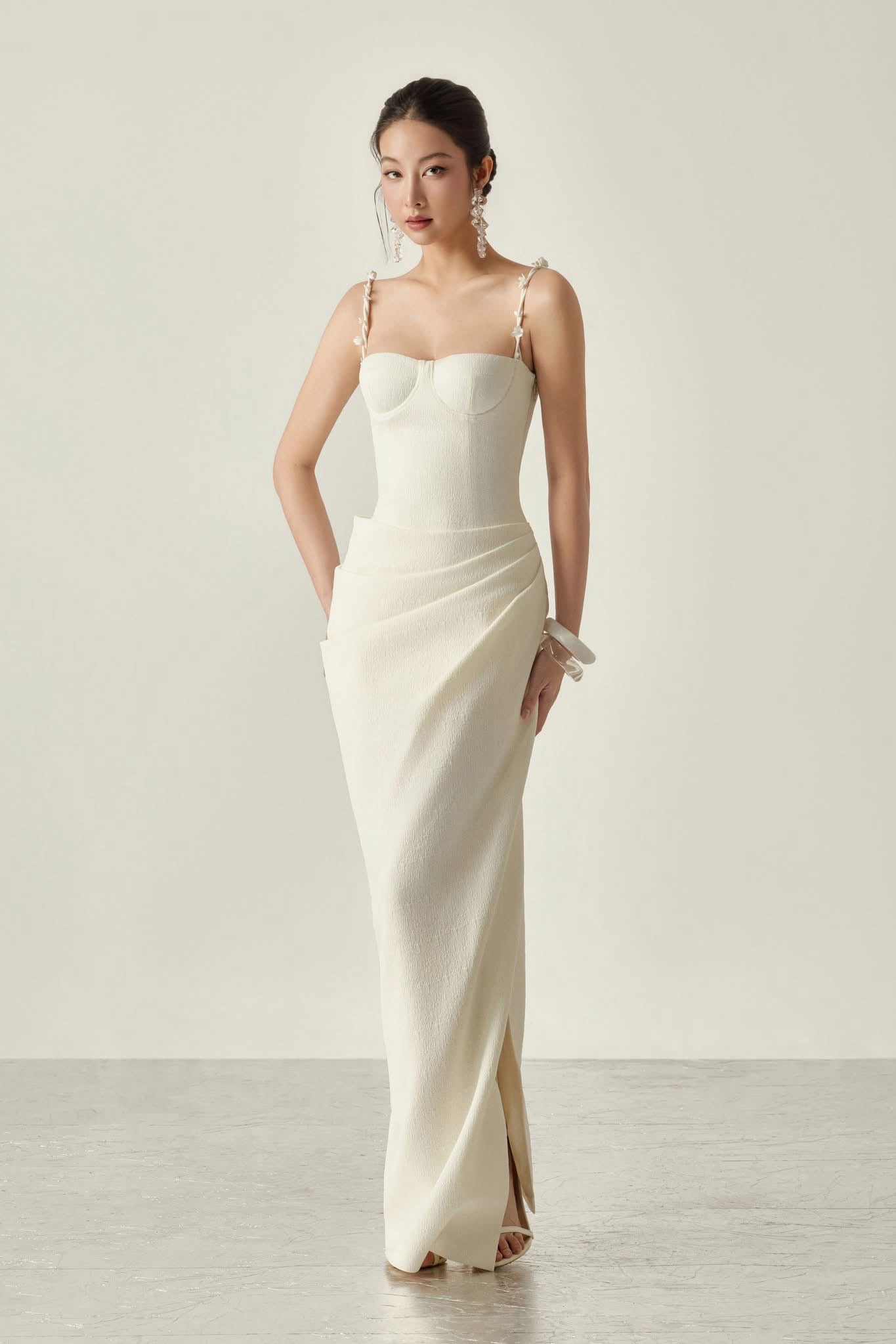 White Magnolia Side Slit Drapped Maxi Dress