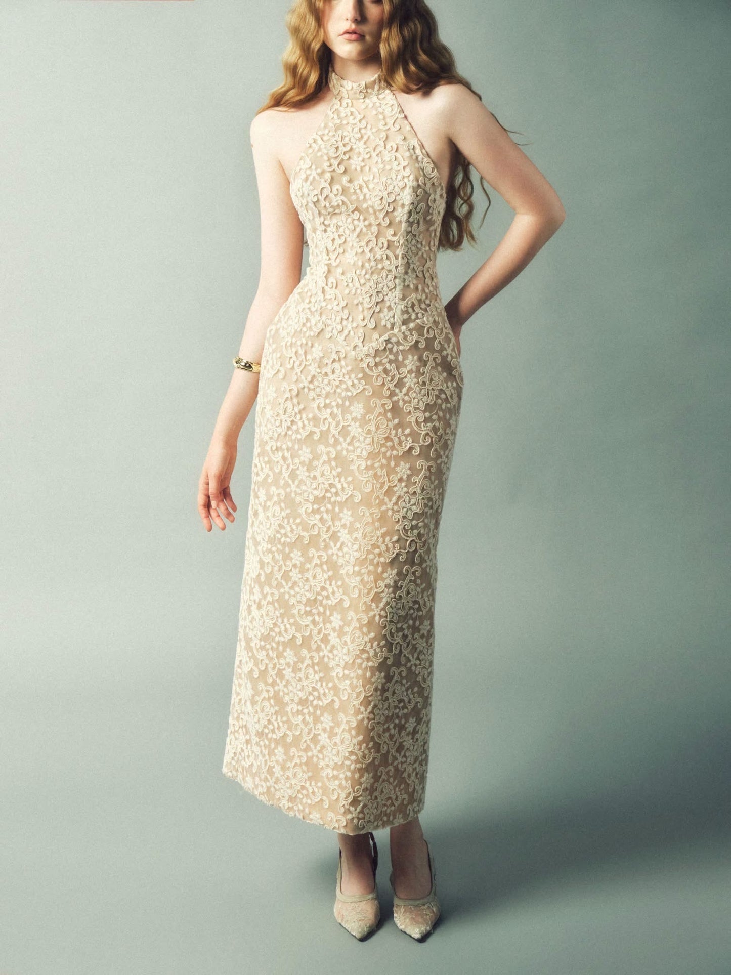 DELICIAE Cream Lace Alaia Midi Dress