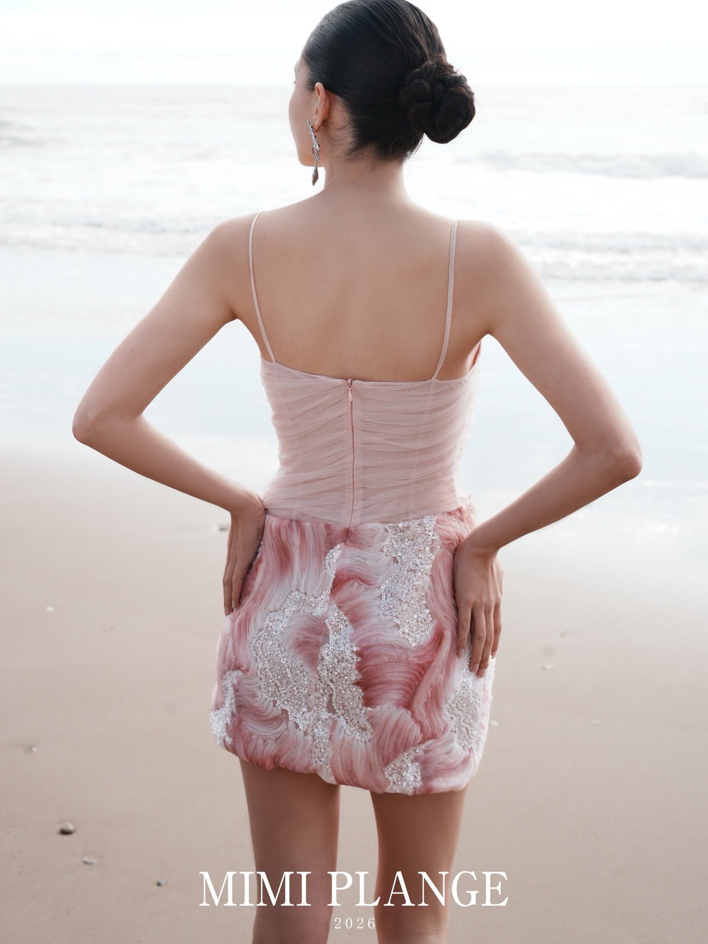 MIMI PLANGE Vacation Sweet Pink Beaded Yarn Mini Dress