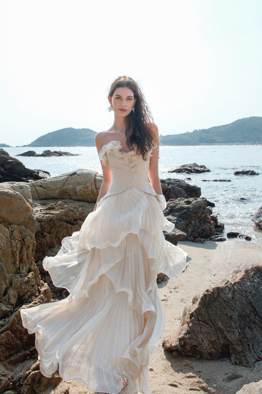 SHEERLUCK Sweet Vacation White Venetian Pleated Subtle Pearl-Effect Shimmer Maxi Dress