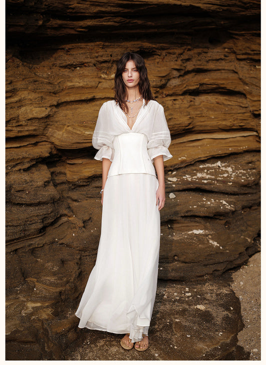 Sheerluck Elegant Vacation White Palazzo V-neck Maxi Dress