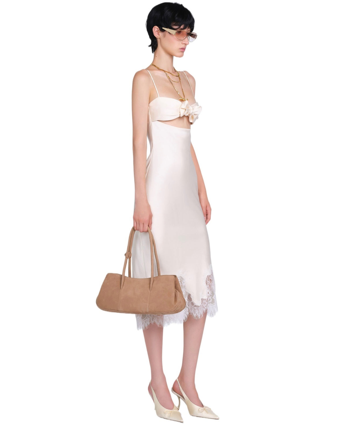 White Bow Satin Almes Midi Dress