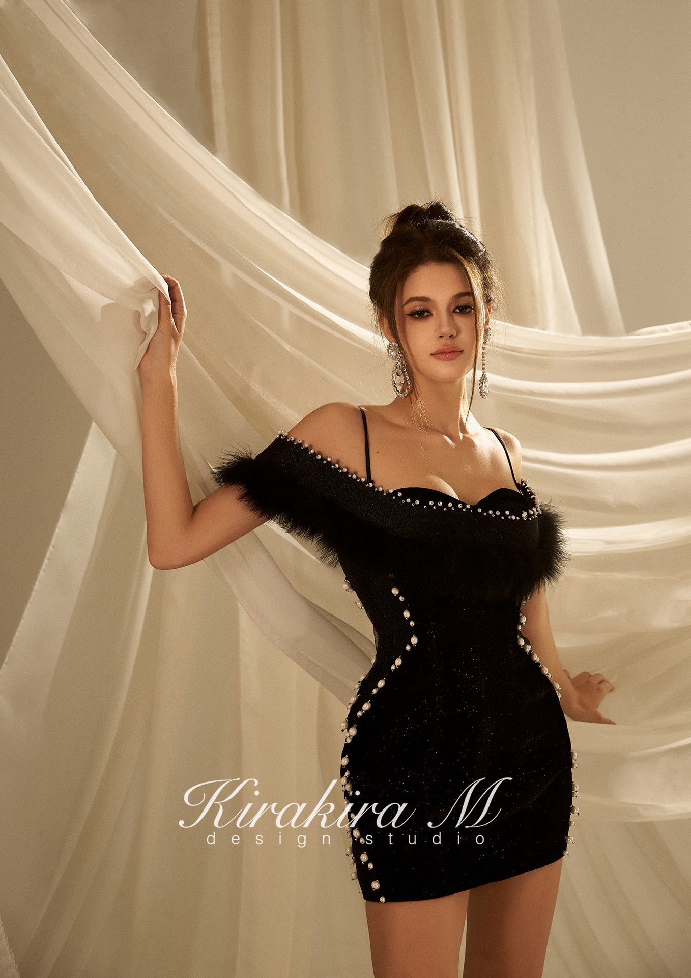 KIRAKIRA M Black velvet off shoulder mini dress with feather deatail