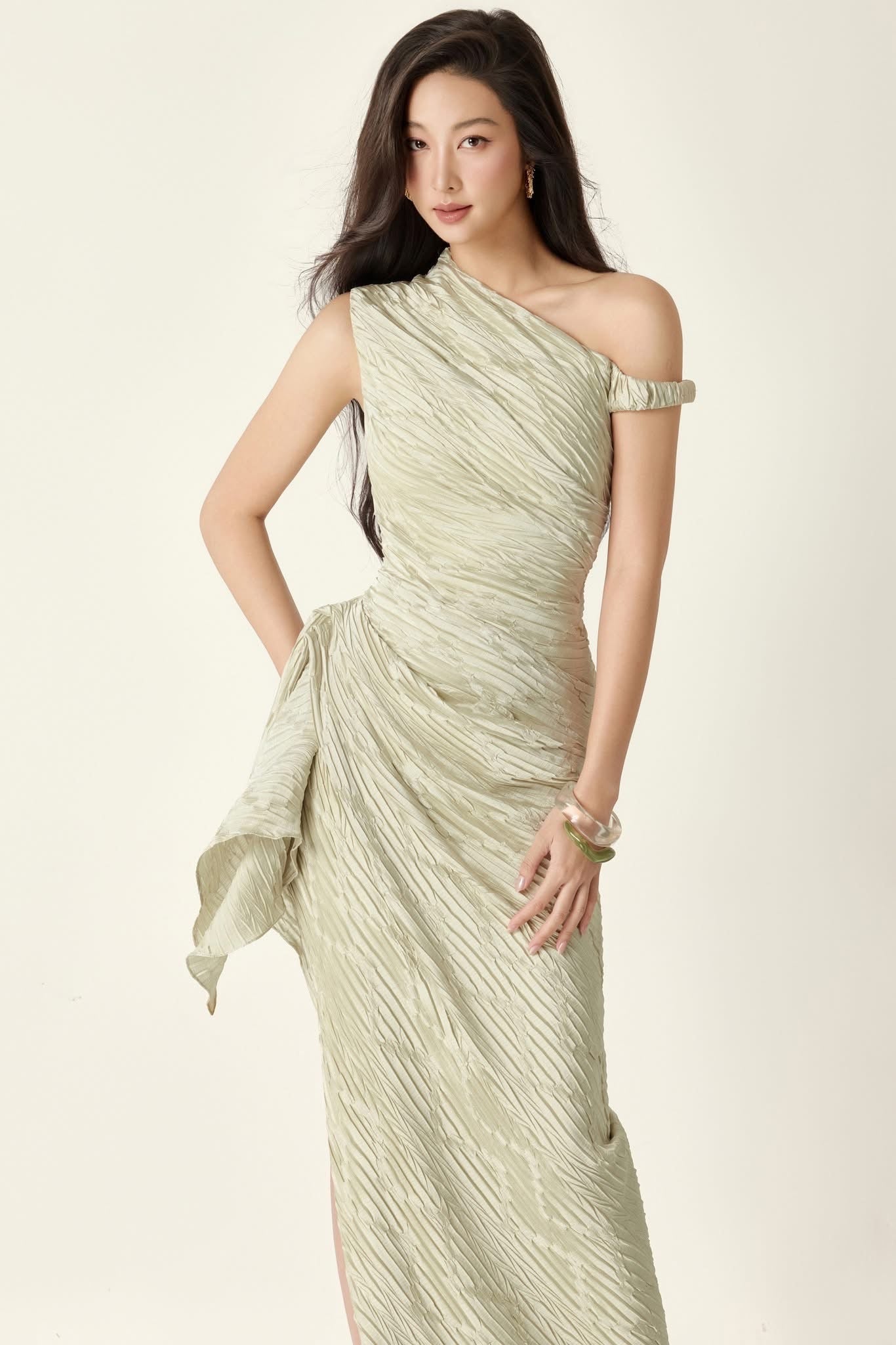 Green Asymmetric Drapping Bodycon Midi Dress