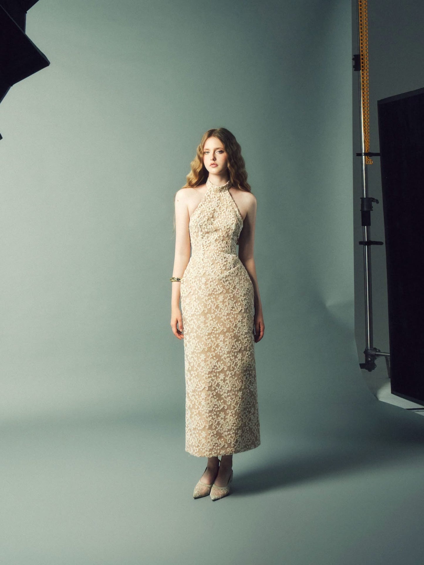 DELICIAE Cream Lace Alaia Midi Dress