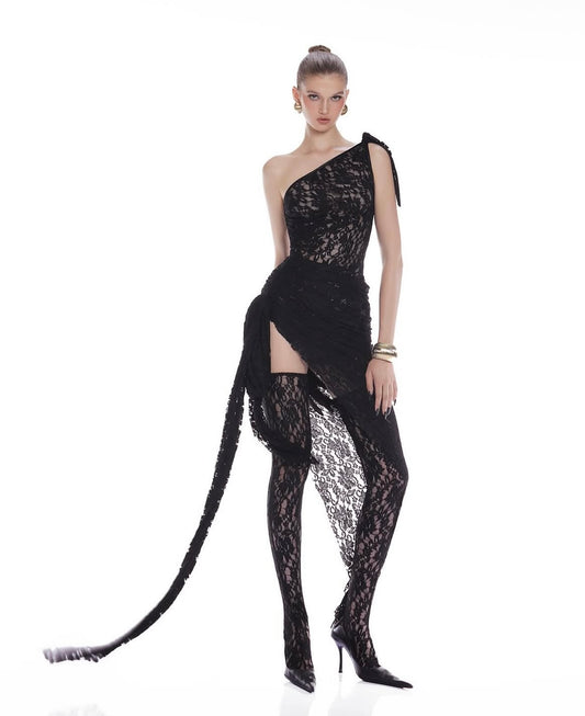 Black One‑shoulder Ribbon Lace High‑slit Mini Dress