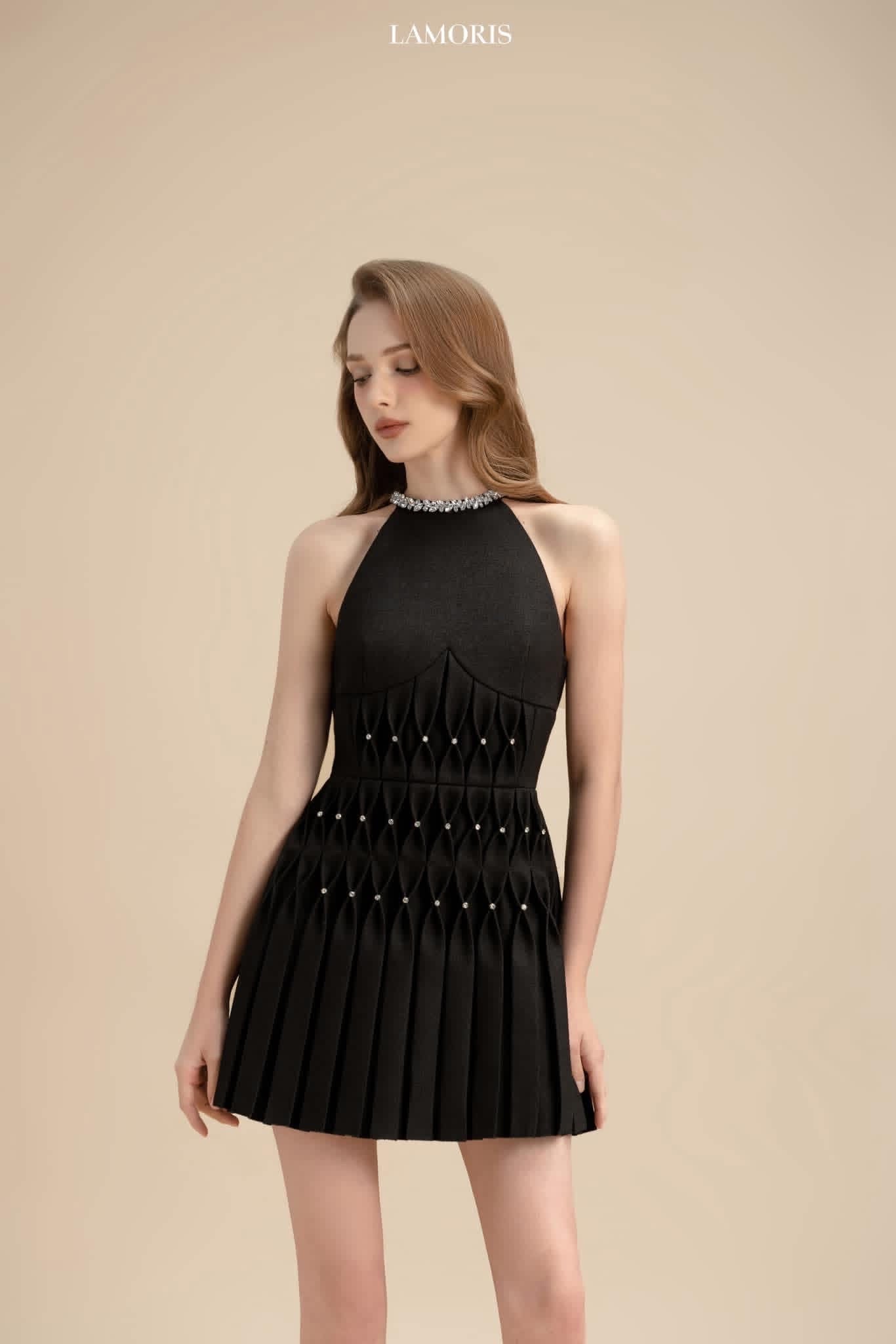 LAMORIS Black Smocking Stone Mini Dress