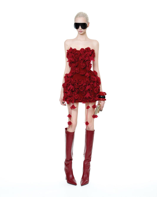 Red Strapless 3D-Rose Rosaria Mini Dress