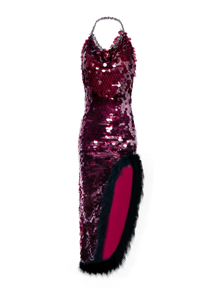 MIMI PLANGE red sequin feather backless midi dress