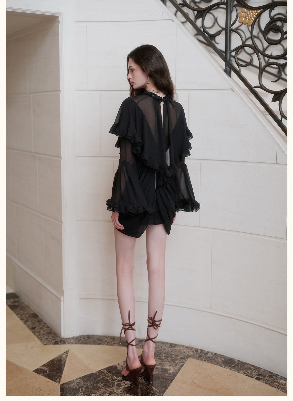 Black High-Neck Beaded Ruffle Bell-Sleeve Chiffon Overlay with Lace Mini Dress
