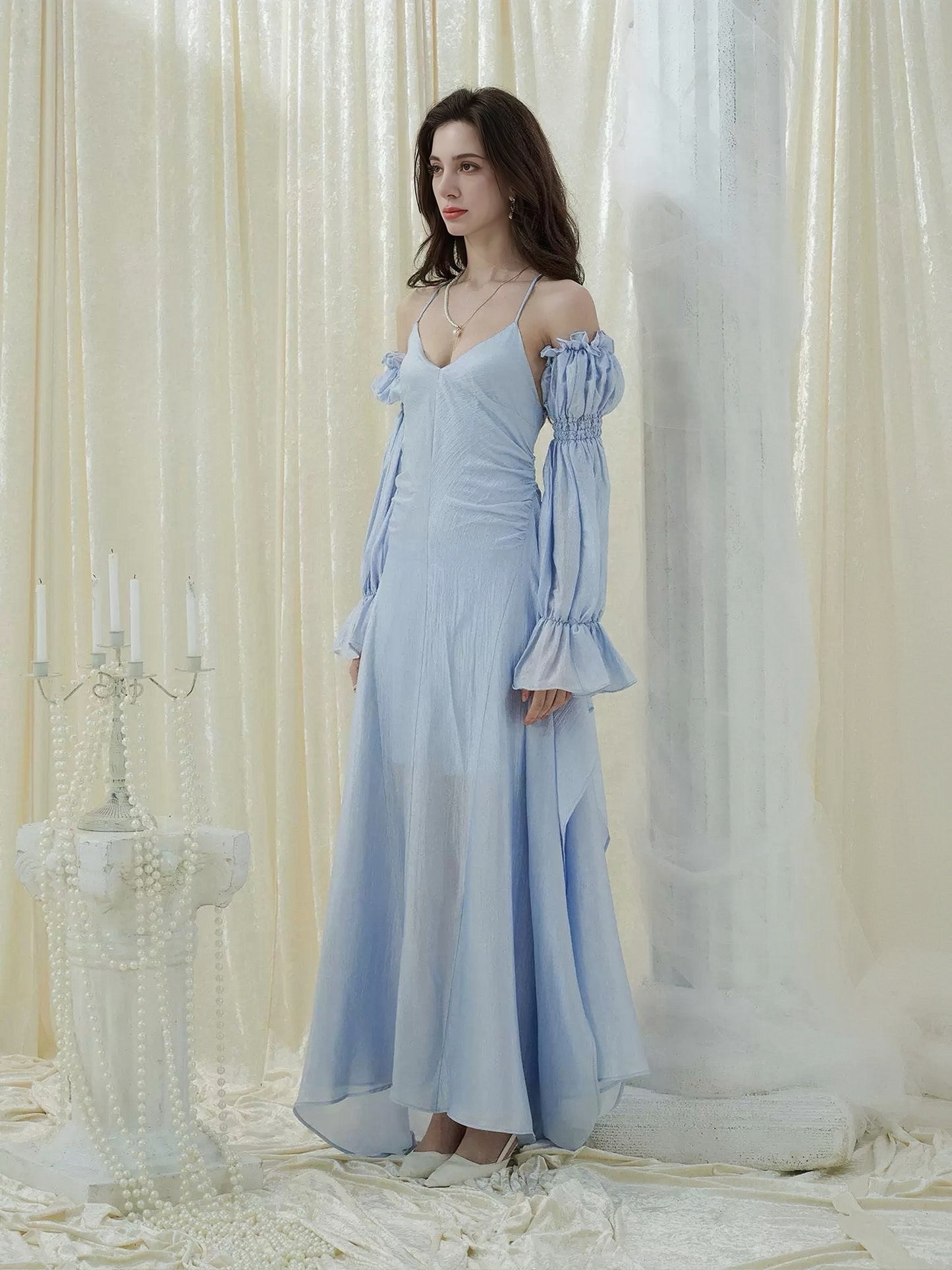 CROWCREW Dark Avant-Garde Vacation Blue Maxi Dress With Sleeves