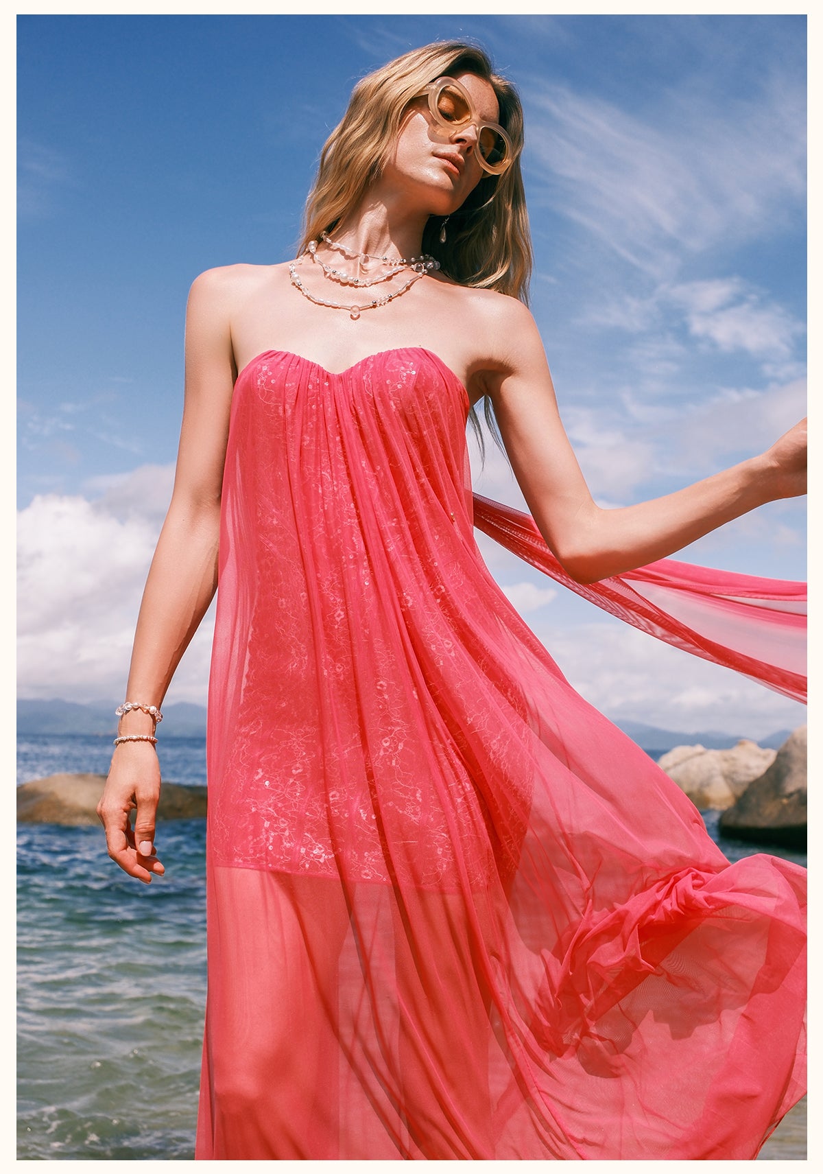 SHEERLUCK BRIGHT PINK MAXI VACATION DRESS