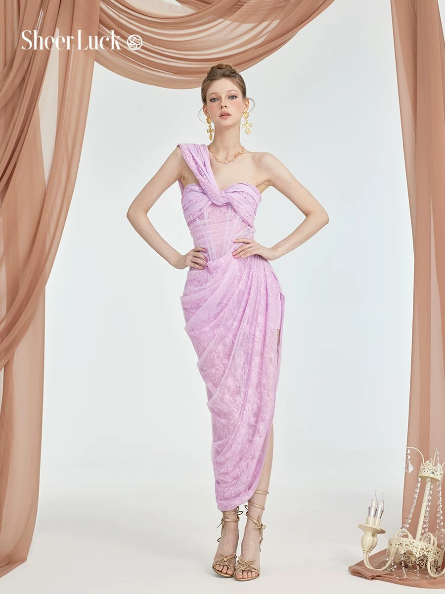 SHEERLUCK PINK & BLACK & NUDE & PURPLR MIDI VACATION DRESS