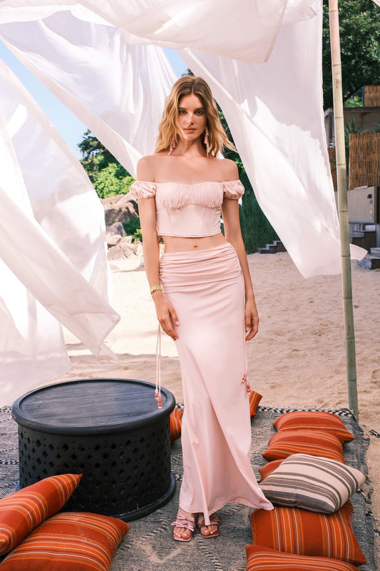 Pink Off‑the‑Shoulder Ruched Top & Drawstring Mermaid Maxi Skirt