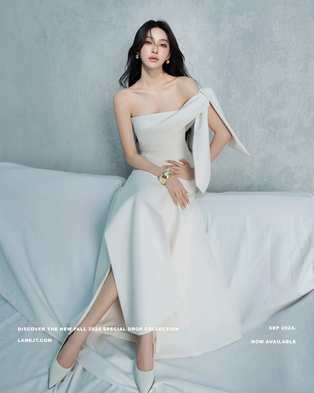 LANE JT White Saby Asymmetric Side Tie Maxi Dress