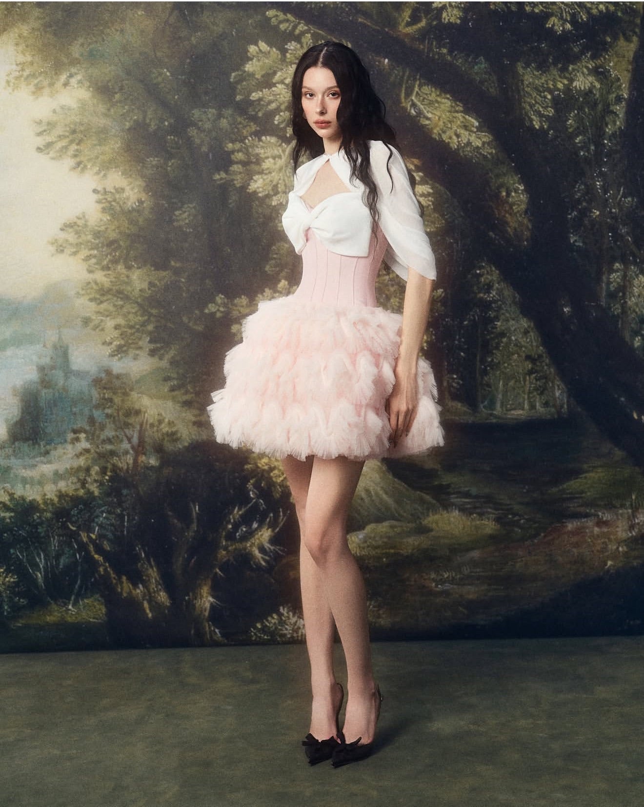 LINHPHUNG Pink Bow Gauze Efflora Mini Dress