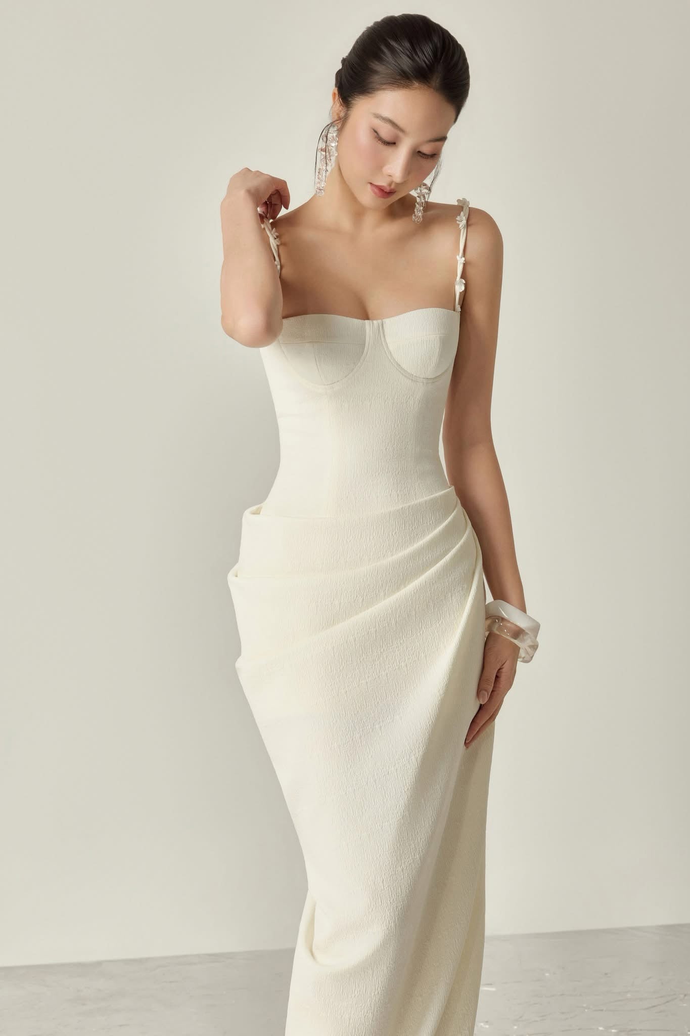 White Magnolia Side Slit Drapped Maxi Dress