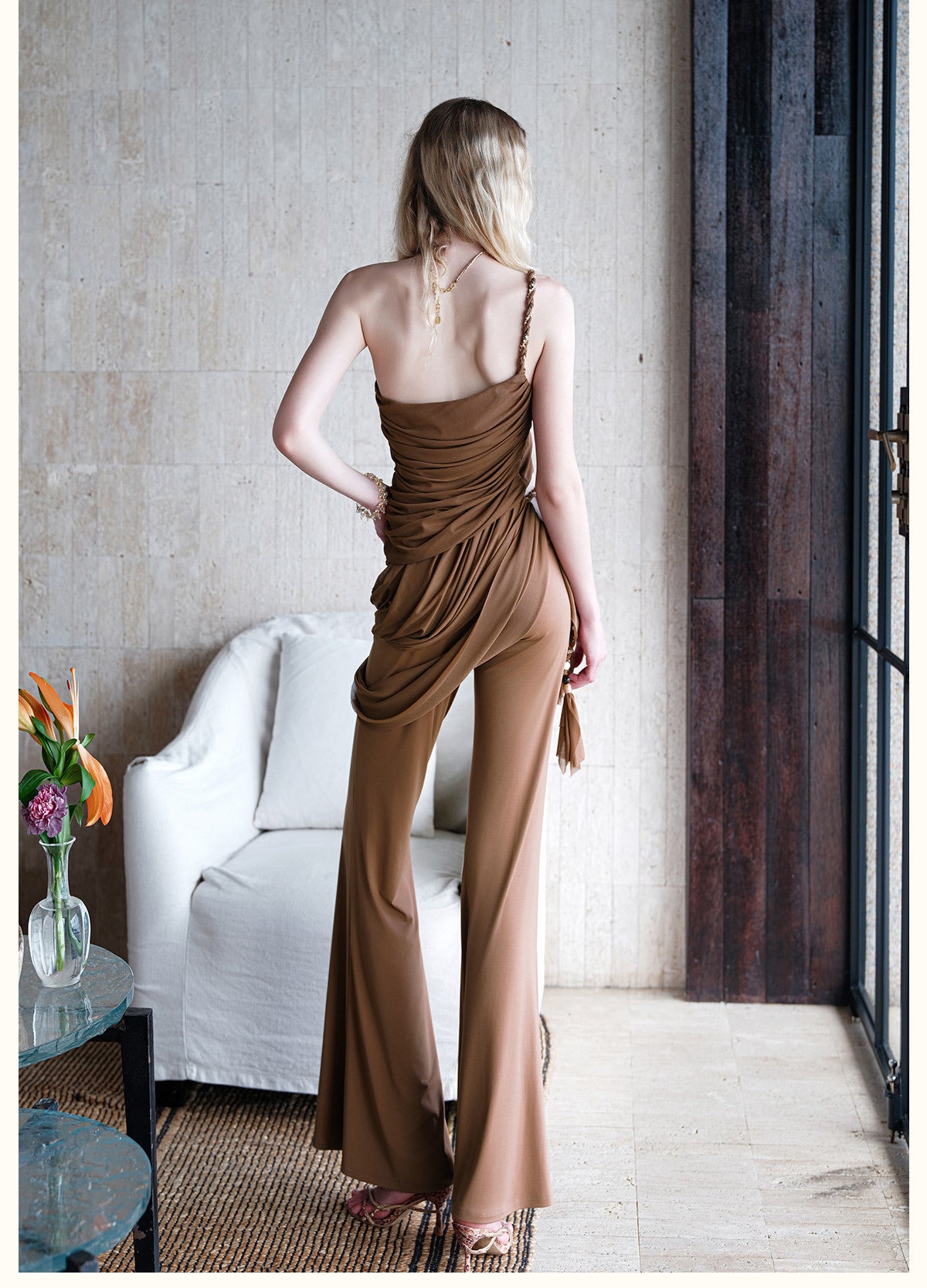 Sheerluck Elegant Vacation Nude Drapella Lace-Braided Pleated Top & Flared Pants Set