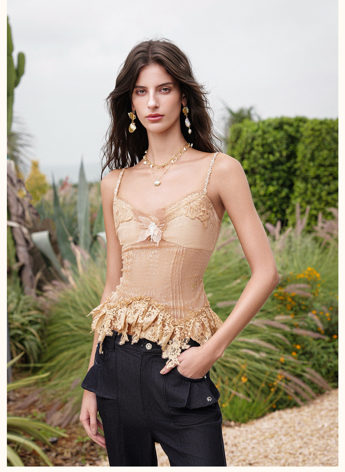 SHEERLUCK Vacation Fairycore Nude Papillon Lace V-neck Top