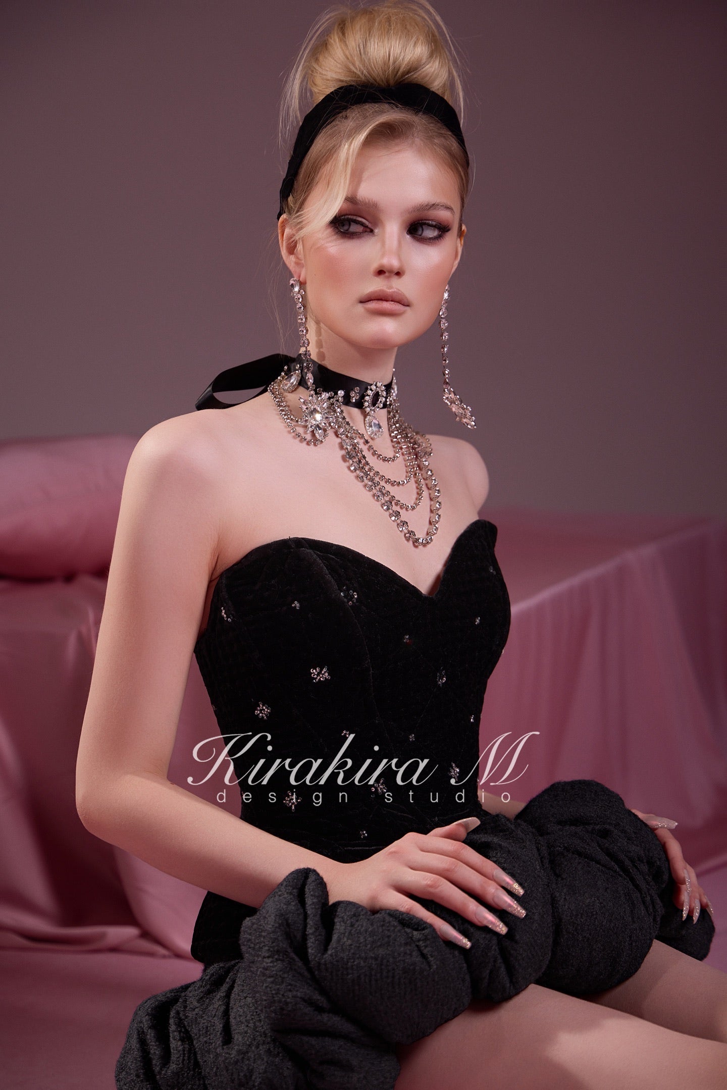KIRAKIRA M Black Lightweight Quilted Beaded Top & Knitted Low-Waisted Bubble Skirt & Short