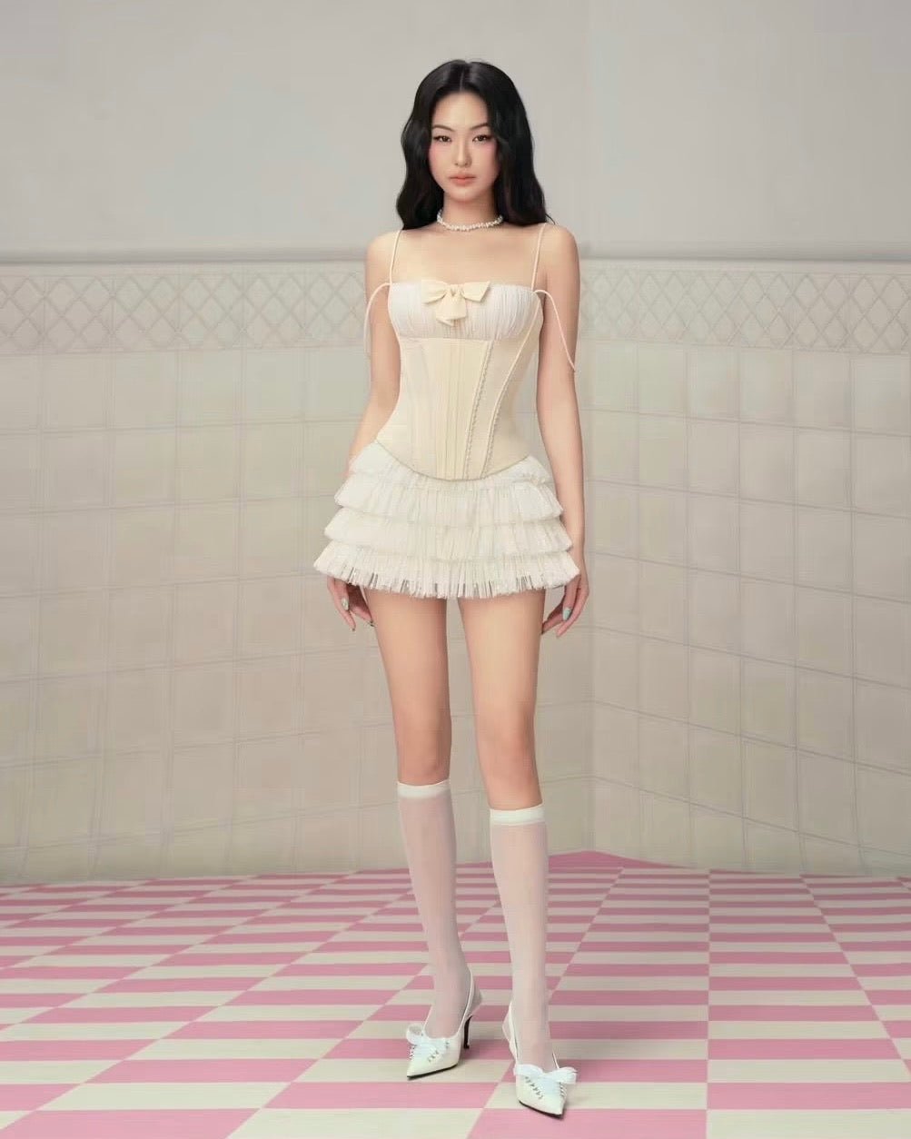 Cream Spaghetti-Strap Bustier Corset Top & Tulle Puff Mini Skirt Lola Set