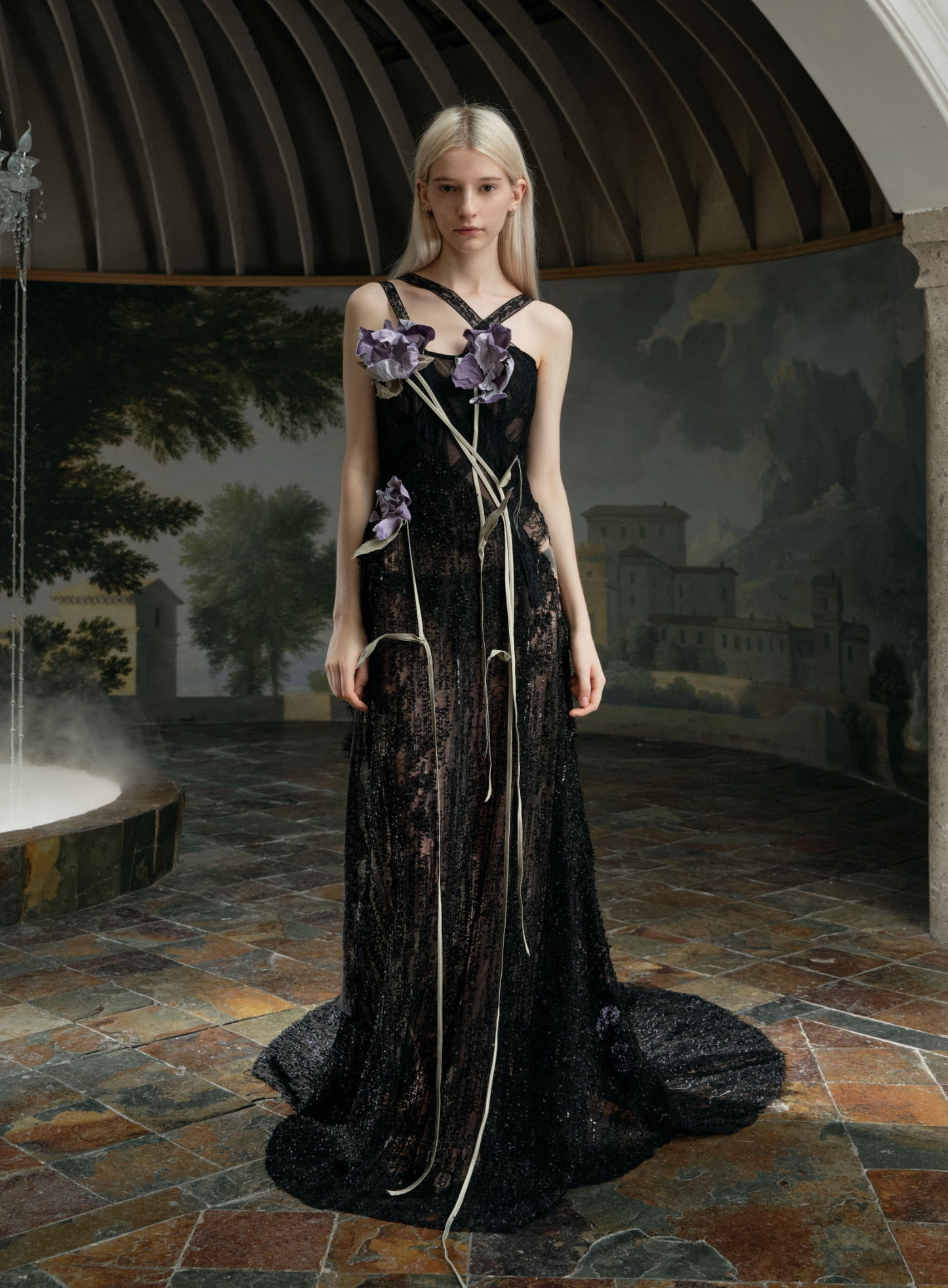 Black Lace Sheer Purple Iris Cross Strap Train Maxi Dress