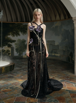 Black Lace Sheer Purple Iris Cross Strap Train Maxi Dress