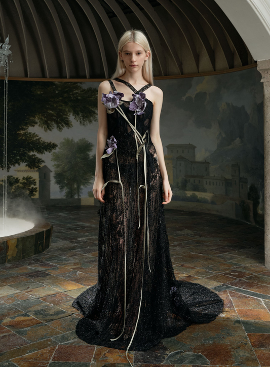 Black Lace Sheer Purple Iris Cross Strap Train Maxi Dress