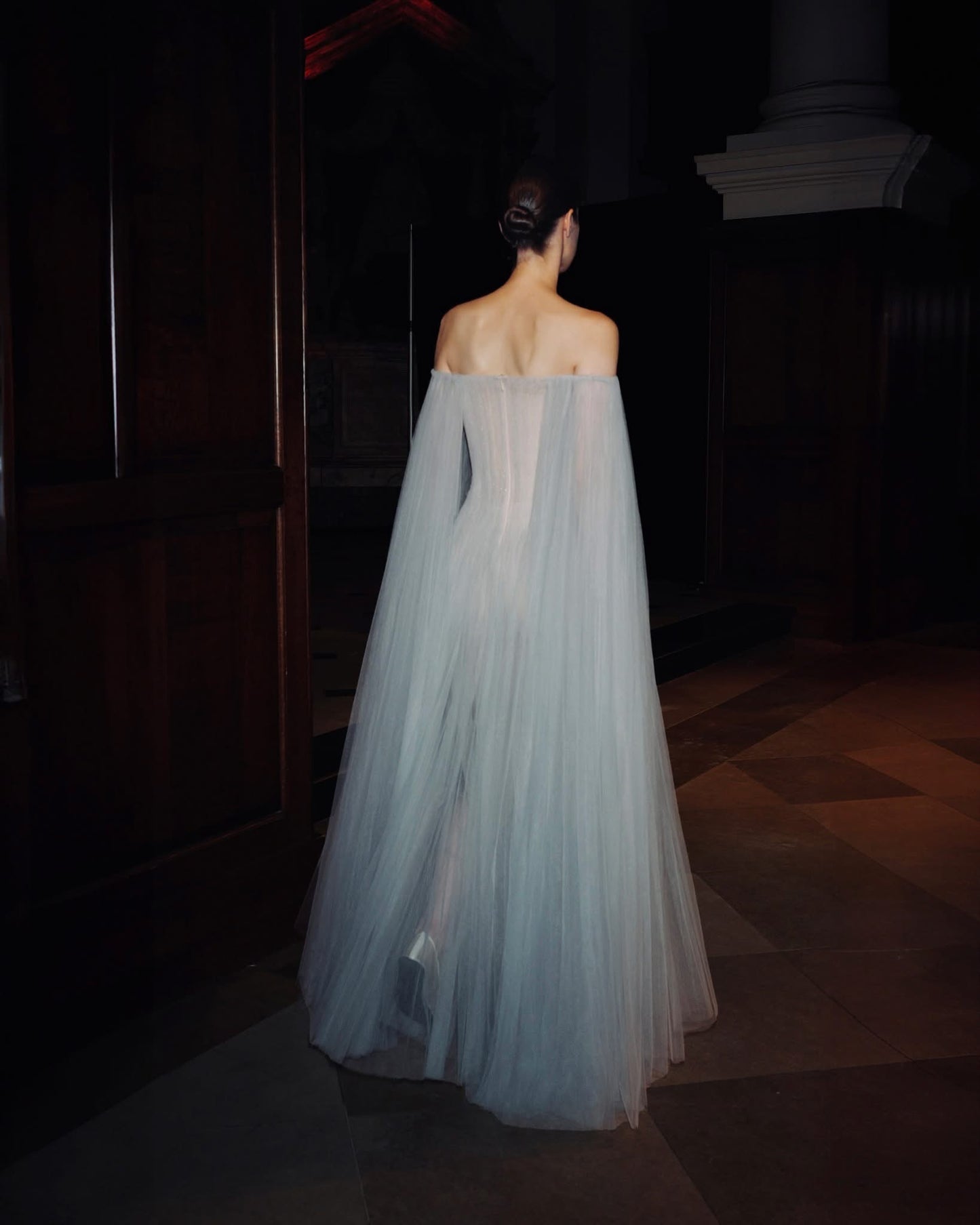 MONTSAND Baby Blue Vacation Elegant Tulle Off-shoulder Maxi Dress