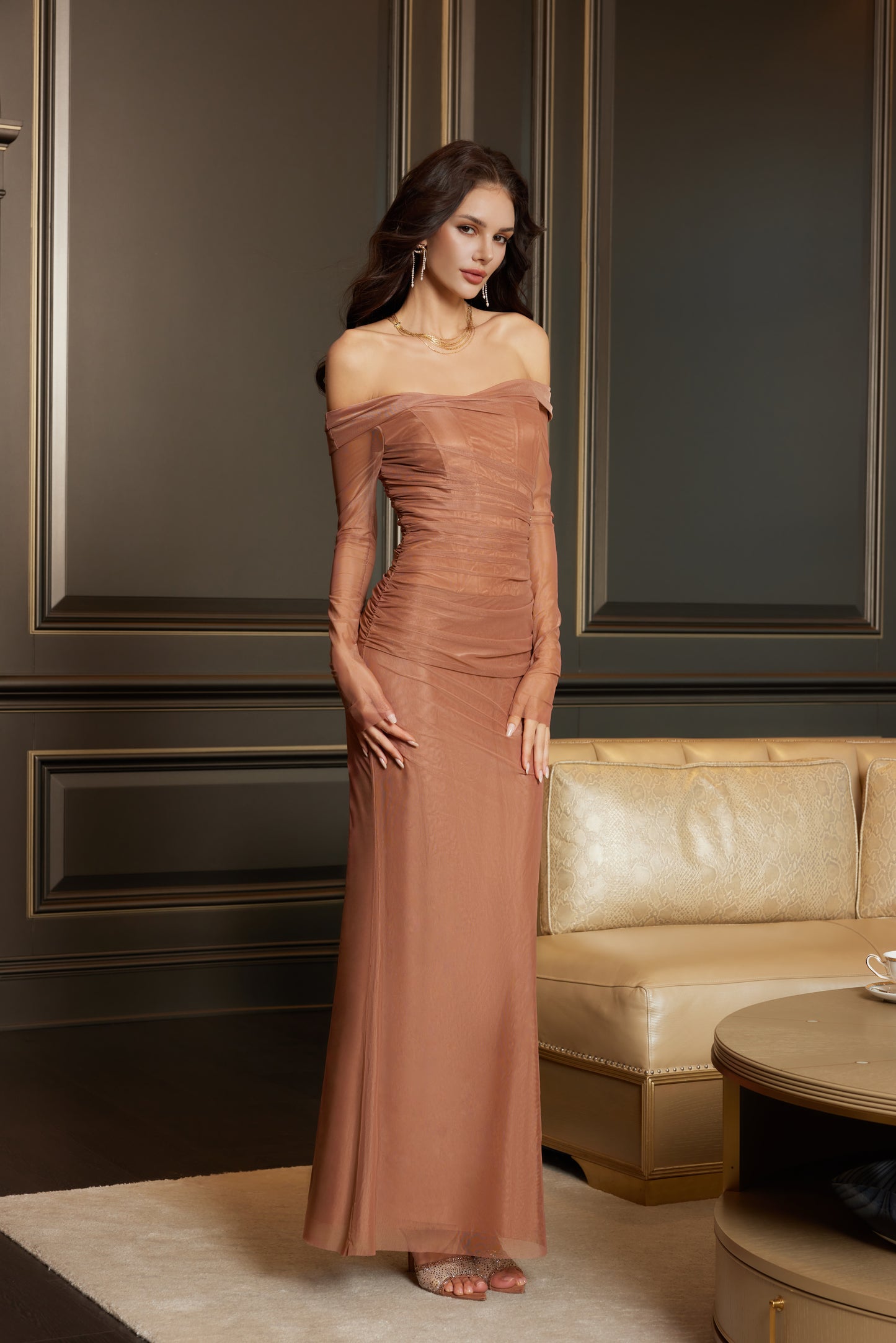 SHEERLUCK Pink & Nde & Brown Fishbone maxi dress