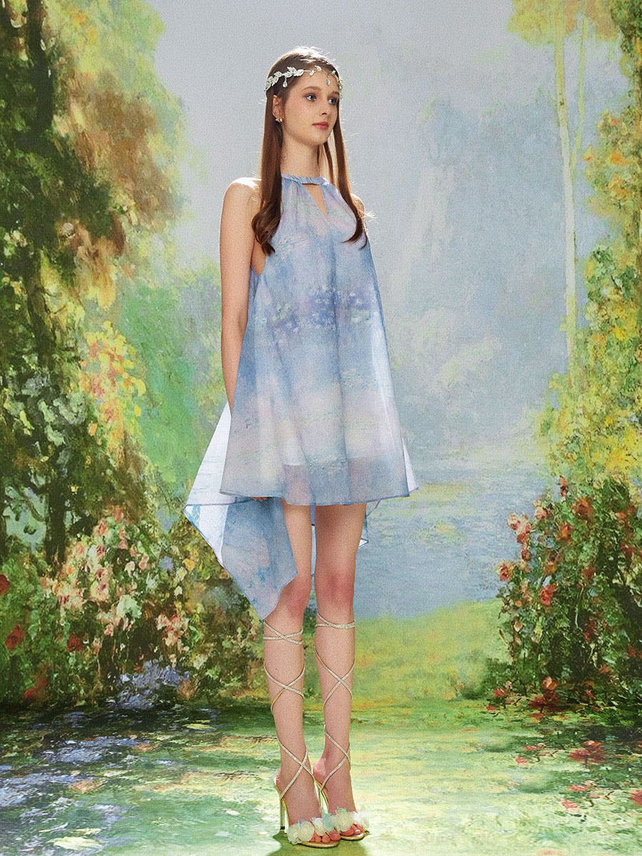 KINGWEN blue water lily mini dress