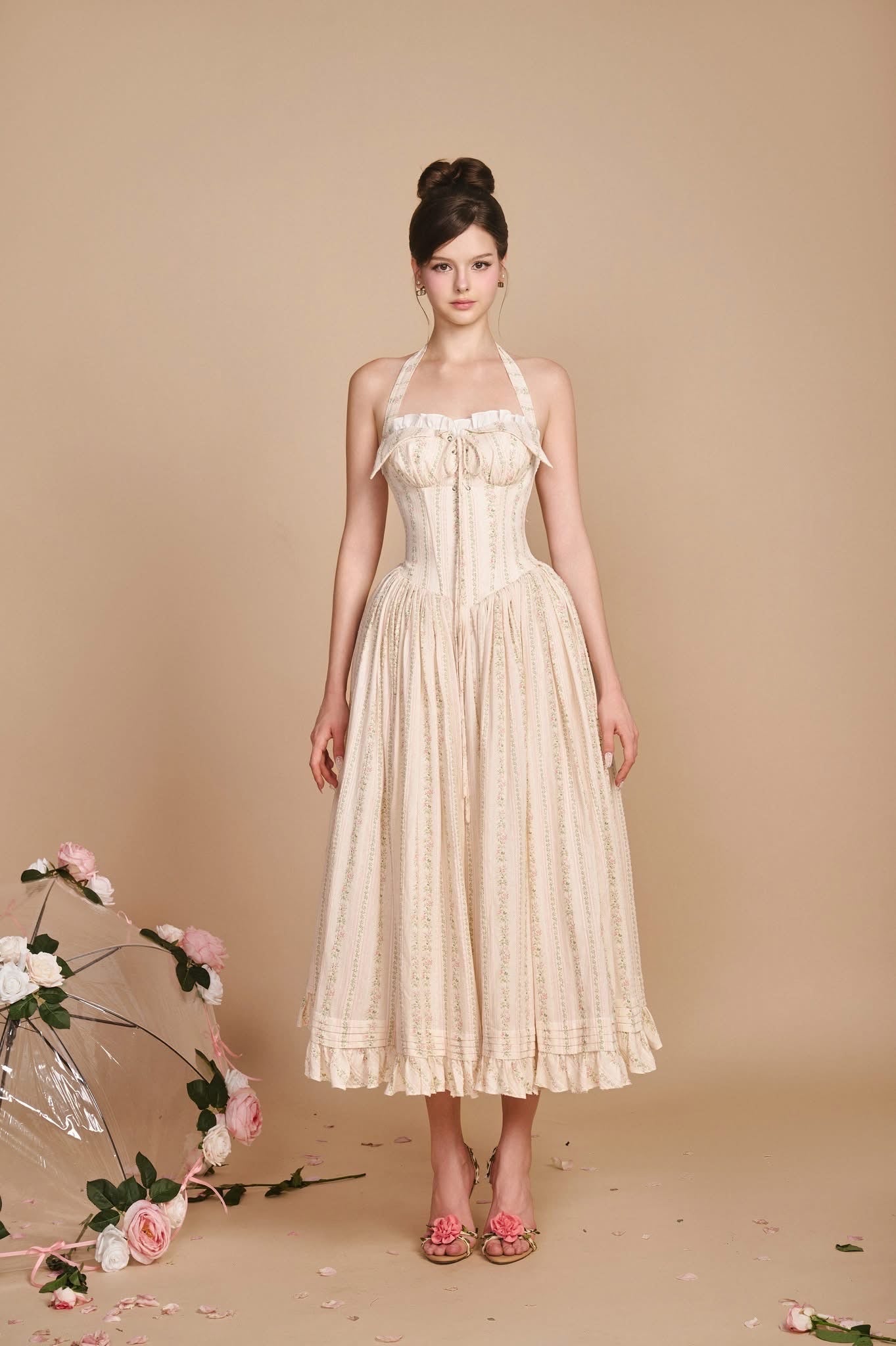 SISSY NATION Sweet Elegant Fairycore White Secret Garden Corset Midi Dress