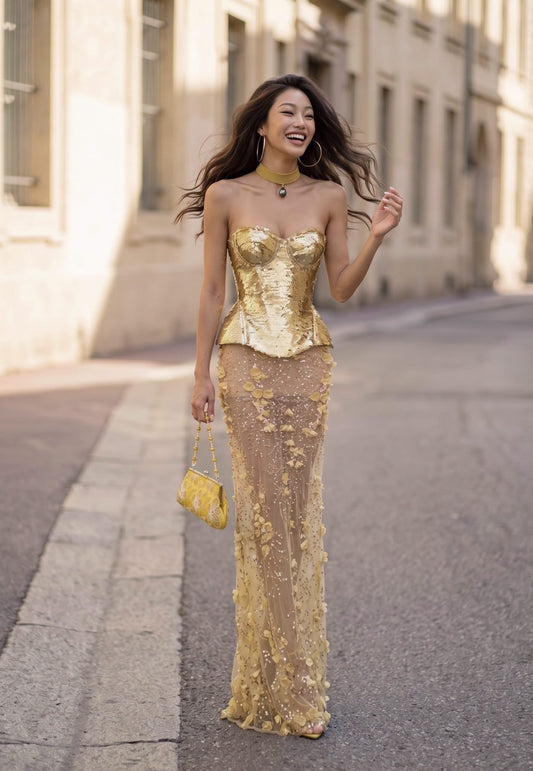 Gold Sequin Corset Top & Sheer 3D-Floral Embroidered Maxi Skirt