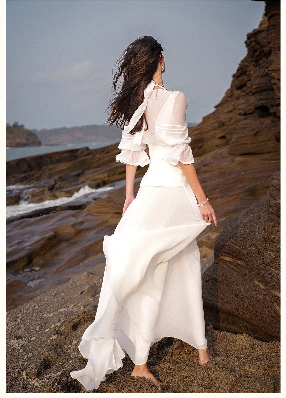 Sheerluck Elegant Vacation White Palazzo V-neck Maxi Dress