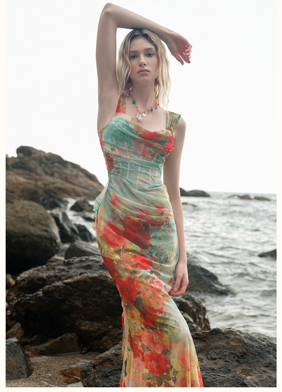 Multicolour Floral Off-Shoulder Corset Fishtail Maxi Dress