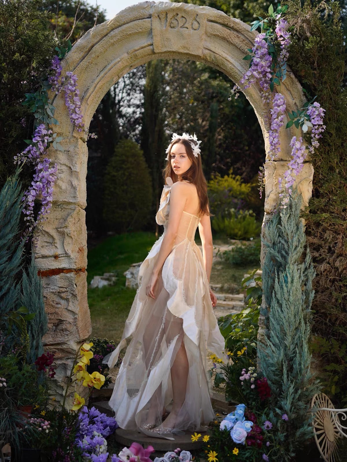 White 3D Petal Sheer Tulle Maxi Dress