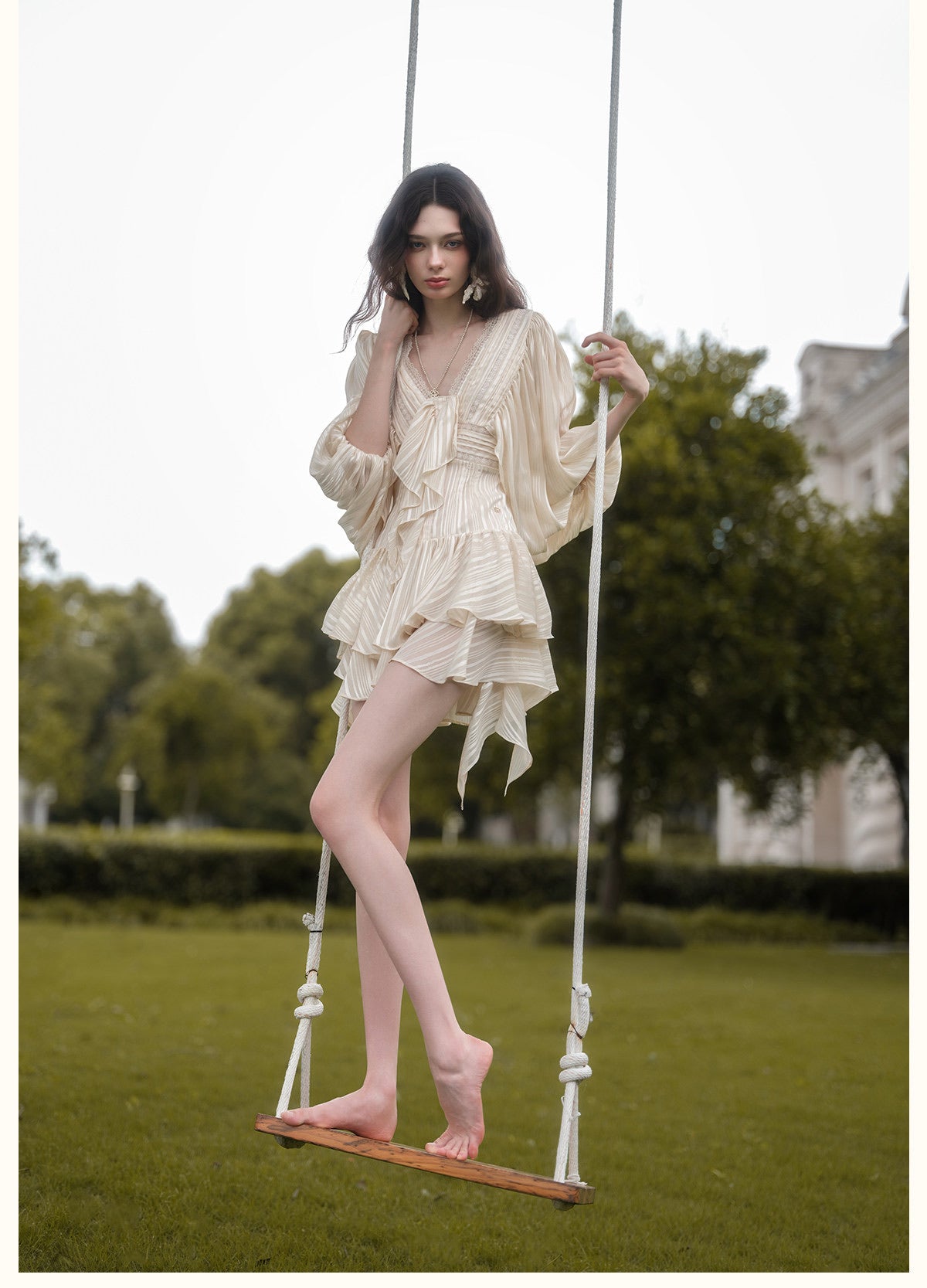 Green Striped Satin Lantern-Sleeve V-Neck Bow Tiered Mini Dress