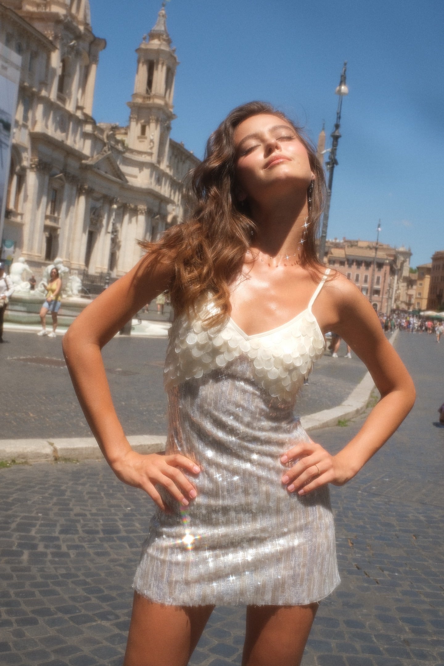 MINPURA White Roma Pearl Patchwork Sequined Strapless Mini Dress