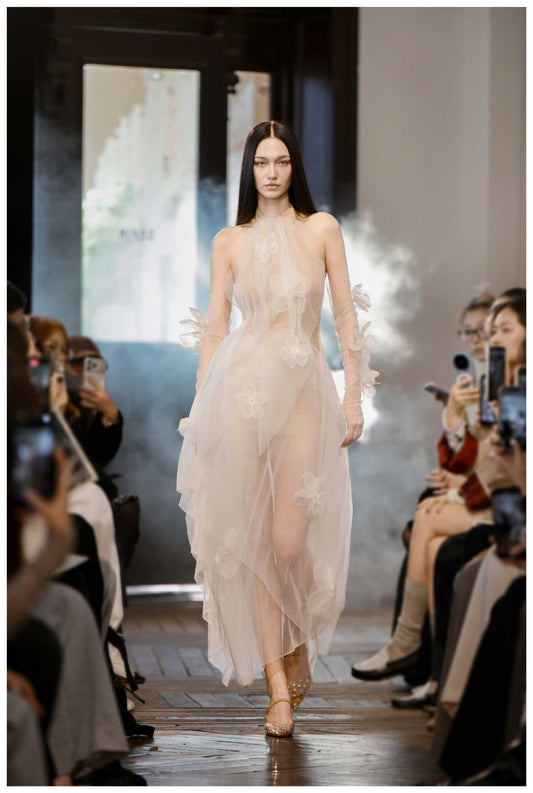 White Halter 3D Floral Sheer Tulle Midi Dress