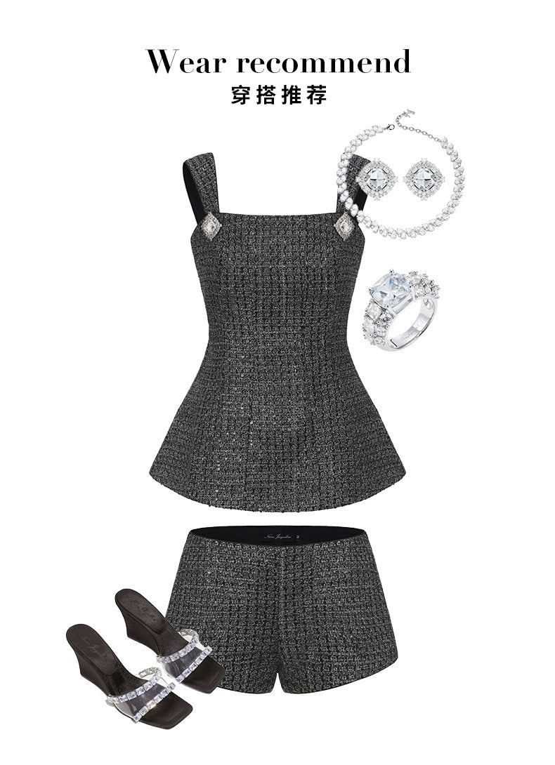 NANA JACQUELINE Grey Velvet lapel patchwork sequined Elegant Top & Shorts