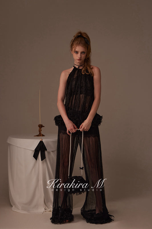 Kirakira M Black Shiny Silk Pleated Lace Hanging Neck Top & Lace Low Rise Trousers & Lace Shorts