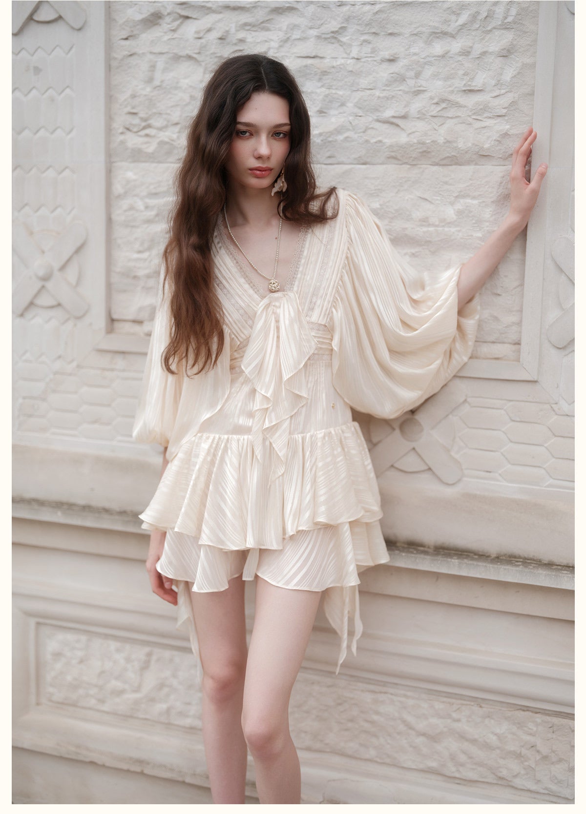Green Striped Satin Lantern-Sleeve V-Neck Bow Tiered Mini Dress