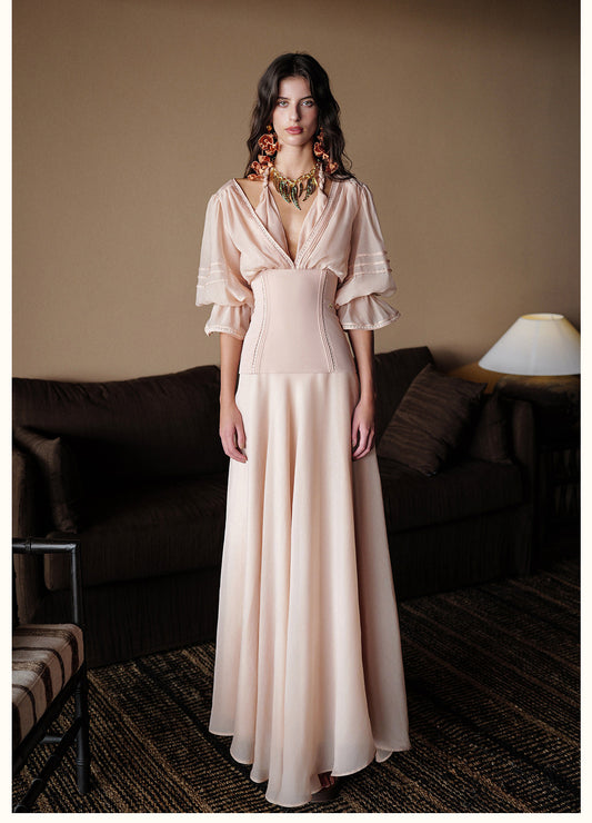 Sheerluck Elegant Vacation Pink Palazzo V-neck Maxi Dress