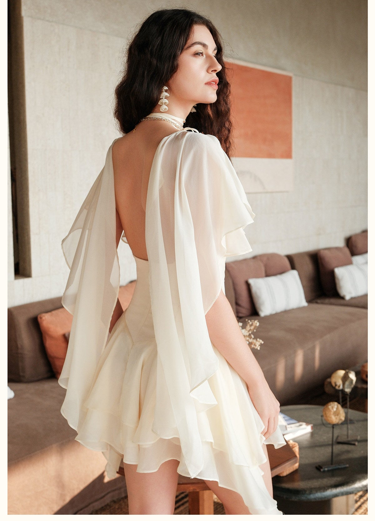 SHEERLUCK Sweet Vacation White Soffio Chiffon Printed Flowy Mini Dress