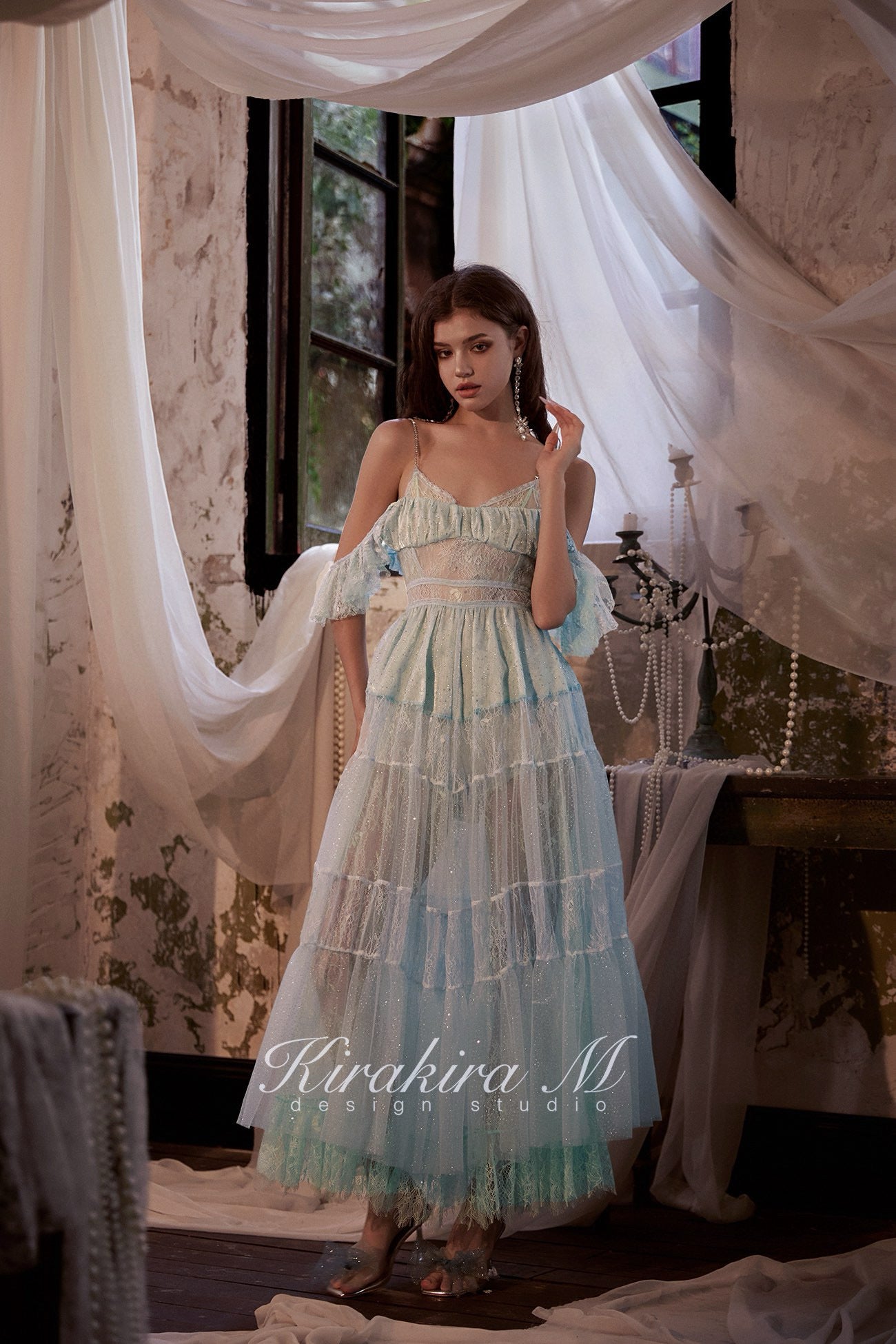 KIRAKIRA M Blue Diamond Embellished Feather Lace Extra Maxi Dress + Bottoms (Slightly Sheer)