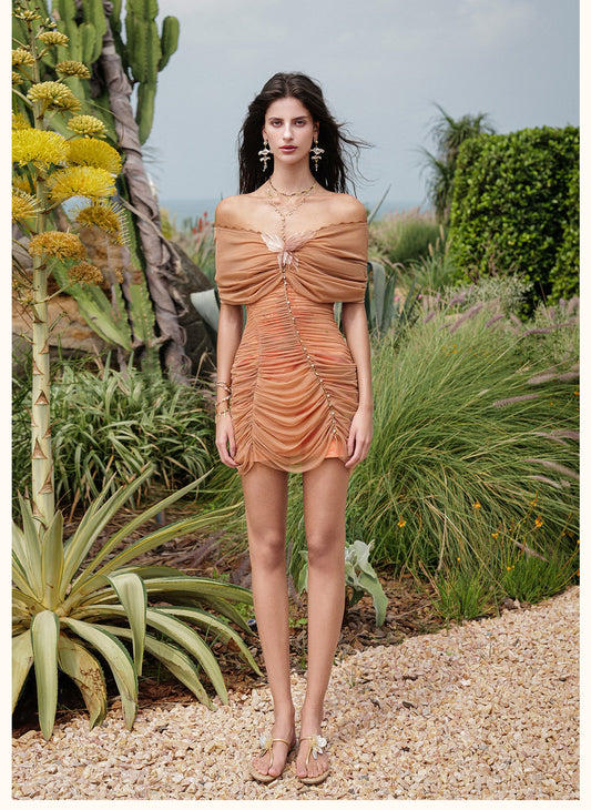 Sheerluck Elegant Vacation Brown Farfalla Butterfly Mini Dress