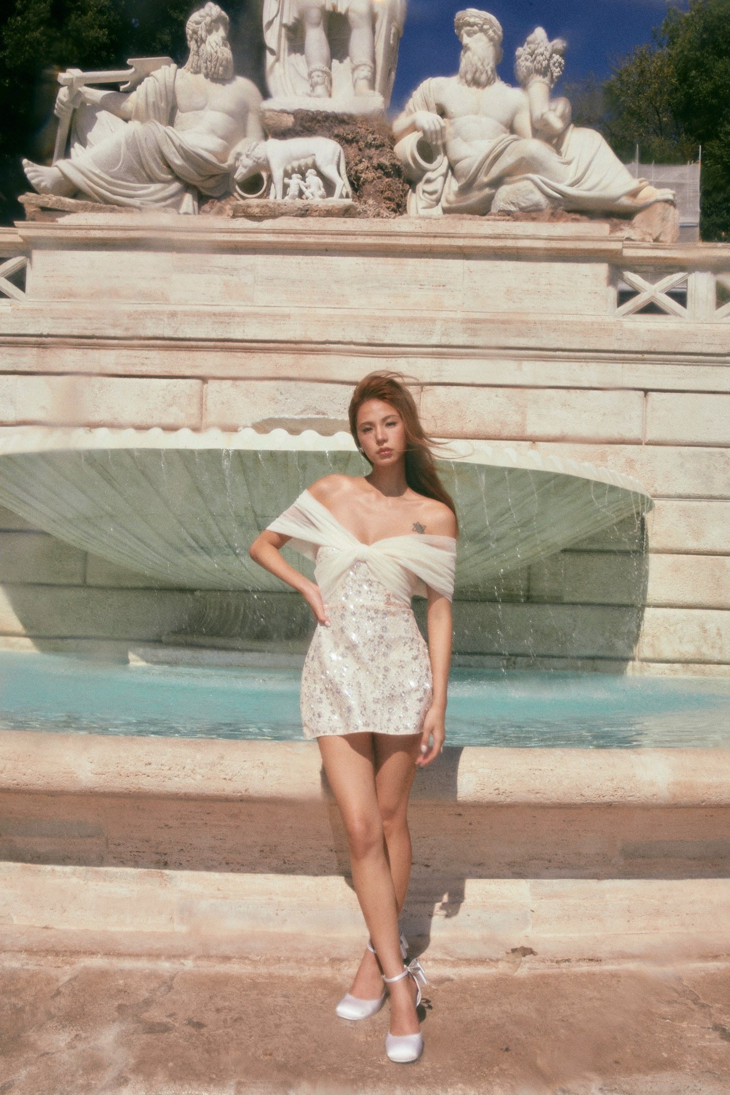 MINPURA White Mesh-Panel Sequined Strapless Mini Dress