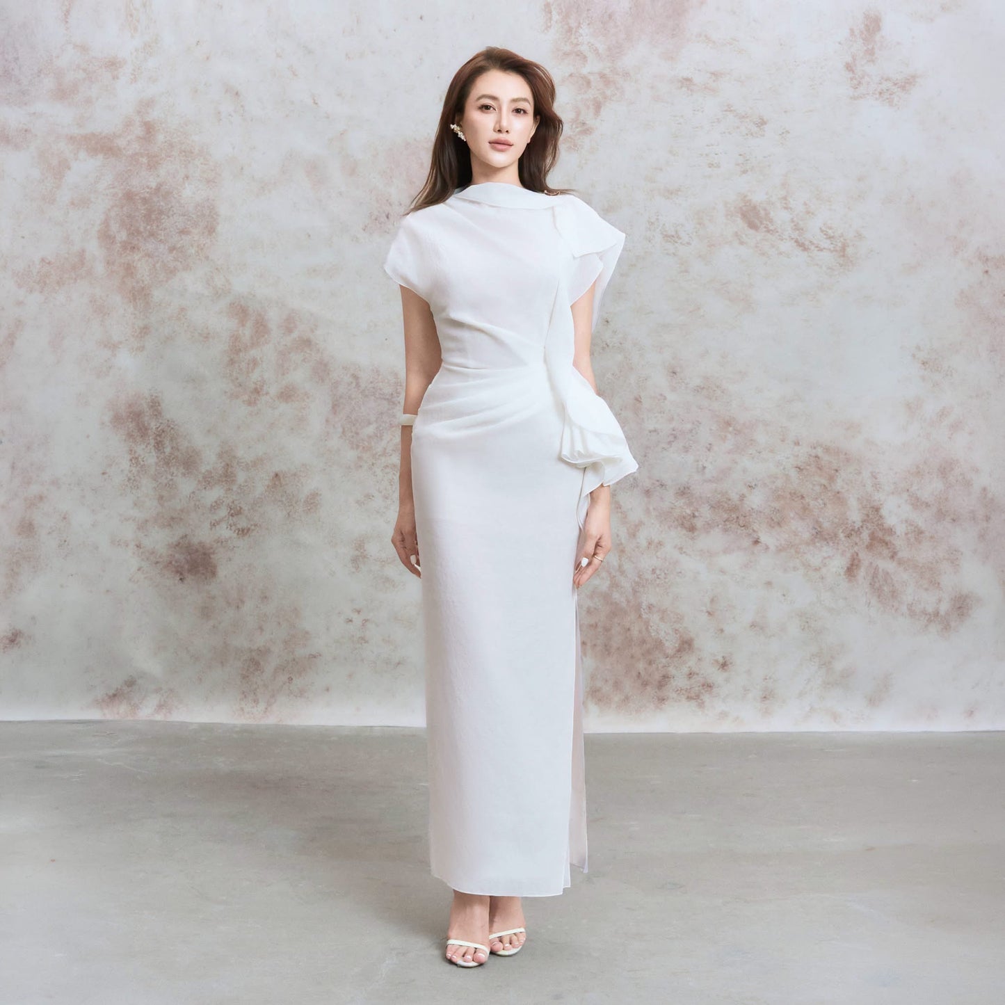 DENIO White Sylphy Asymmetric Side-Slit Sculpted Maxi Dress